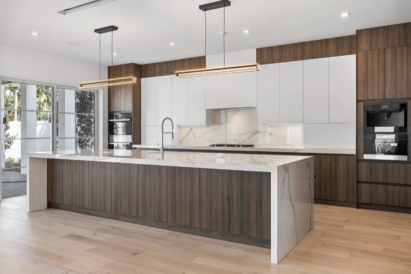 Walnut and white custom kitchen with quartz island, Delray Beach FL