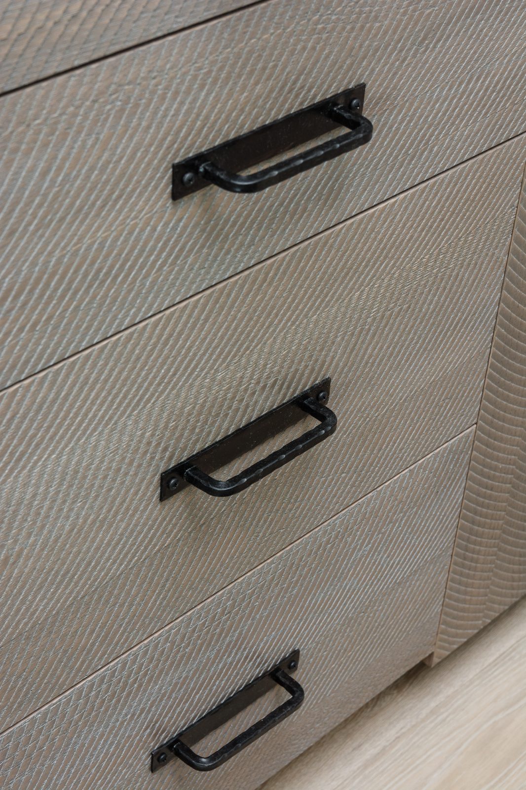 Custom drawer bank in cerused oak with blackened bin-pull hardware, Delray Beach FL
