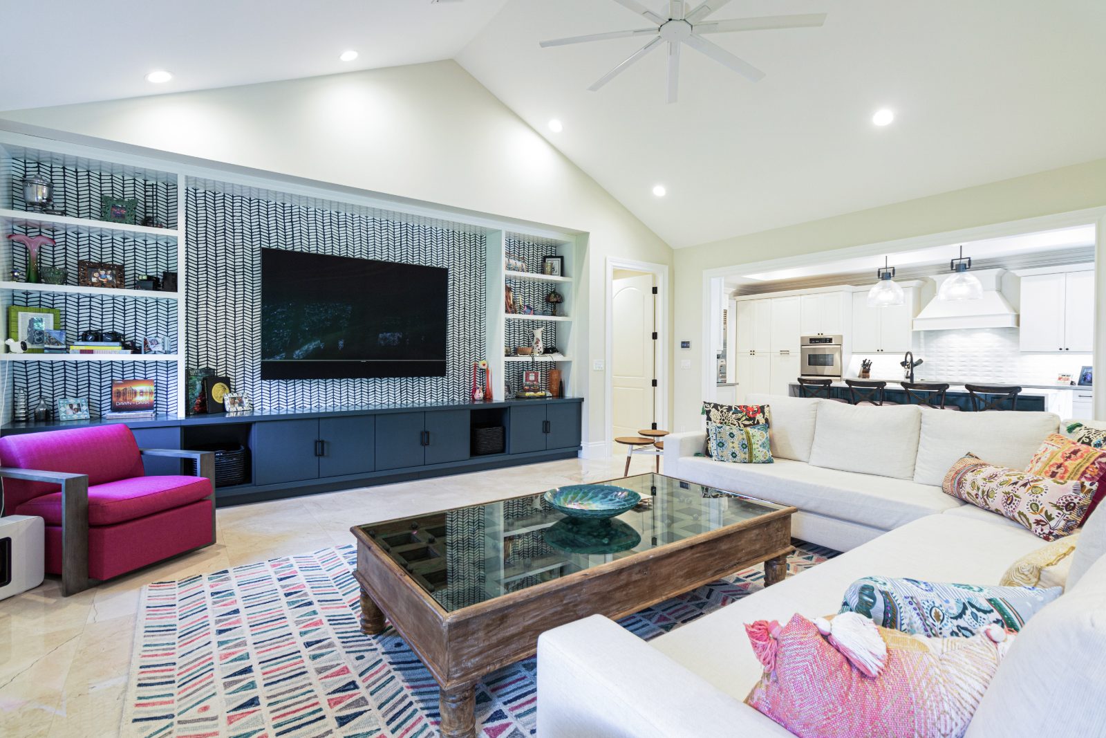 Custom family-room media wall and built-in seating, South Florida